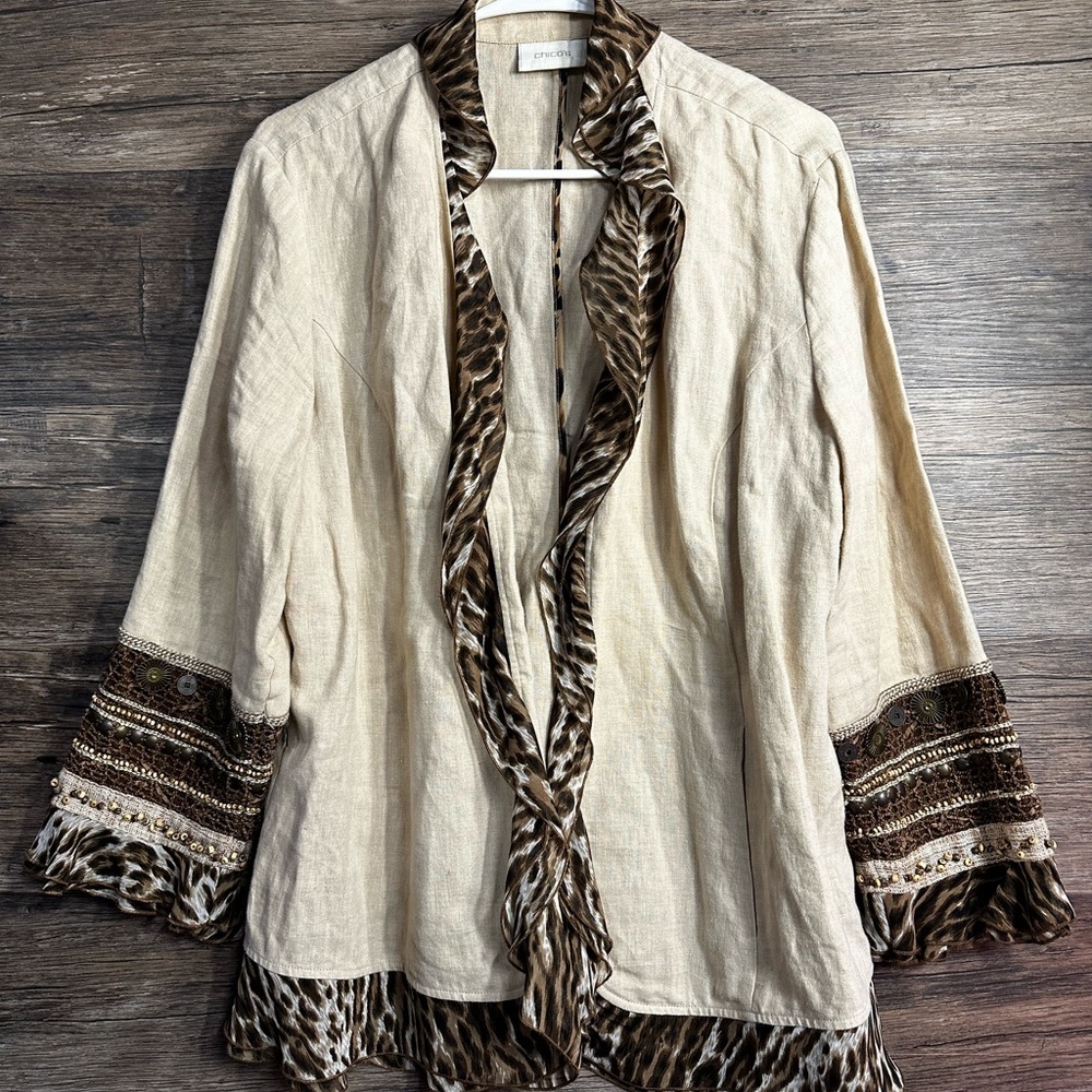 Chico's Cream and Brown Blazer with Animal Print Accents 100% Linen‎